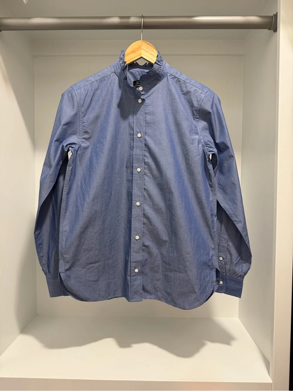 NEW J. Crew Jules Ruffle Collar Cotton Poplin Shirt Cornflower Blue Size 2 CN523